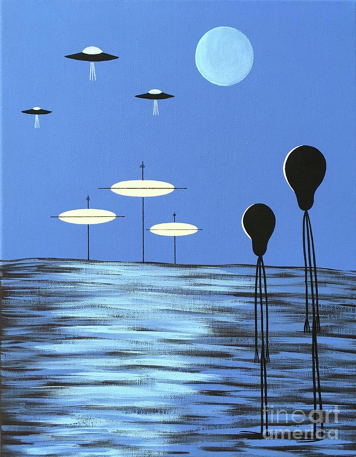Space Aliens on Blue Planet Painting by Donna Mibus