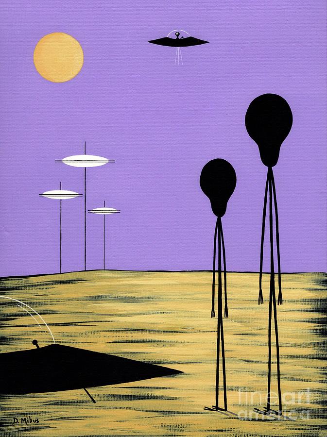 Aliens Yellow Planet Purple Sky Painting by Donna Mibus