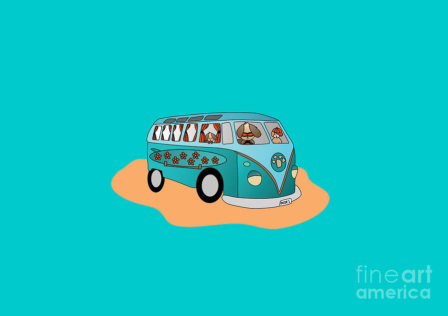 All A Board - Surfer Dog Family Going to the Ocean in a Camper Van  Digital Art by Barefoot Bodeez Art