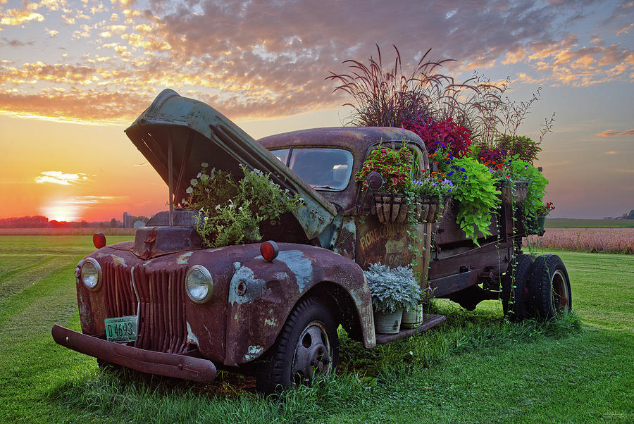 All Gussied Up and No Place to Go #2 of 2 - decorated Ford truck at sunset Photograph by Peter Herman