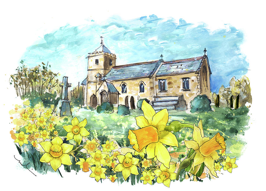 All Saints Chruch And Daffodils In Crathorne Painting by Miki De Goodaboom