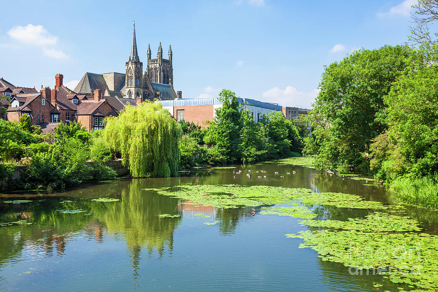 All Saints Church and River Leam, Royal Leamington Spa, Warwickshire, England, UK, GB. Europe Photograph by Neale And Judith Clark