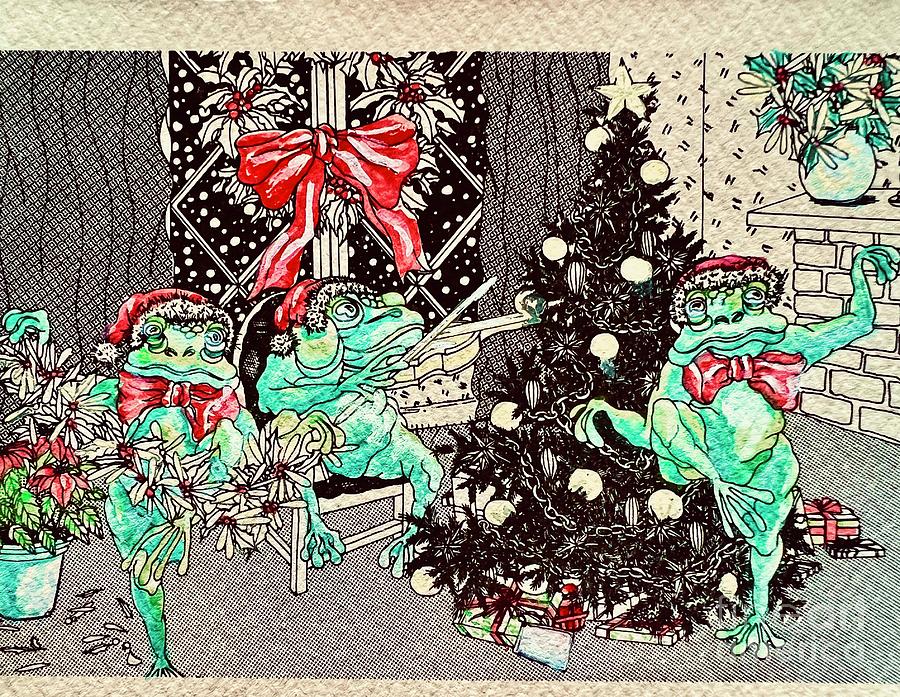 Frogs Frolicking Singing  Holiday Print and card Mixed Media by Gail Allen
