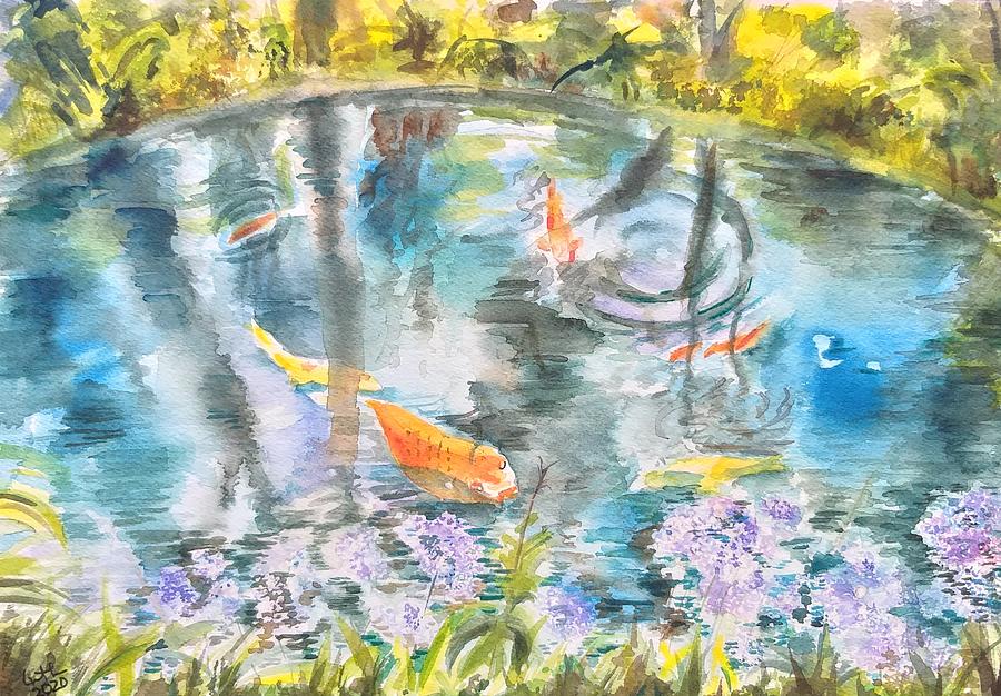 All types of fish in a small pond  Painting by Geeta Yerra