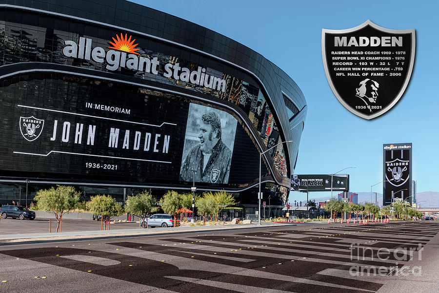 Allegiant Stadium and Raiders John Madden Tribute Achievements Shield on Gameday Photograph by Aloha Art