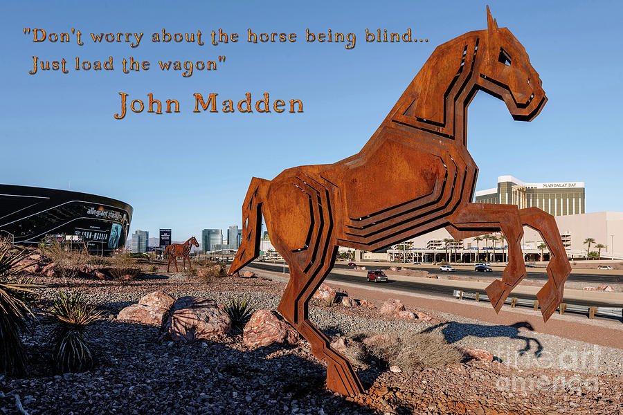 Allegiant Stadium Game day Tribute to John Madden Horse Sculpture and Quote 2 Photograph by Aloha Art