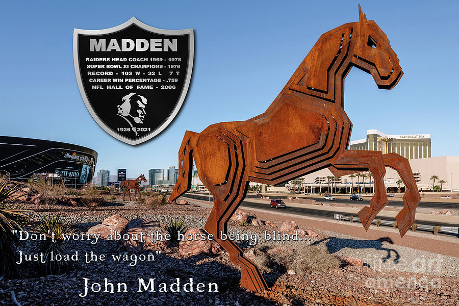 Allegiant Stadium Gameday Achievements Shield Tribute to John Madden Horse Sculpture Photograph by Aloha Art