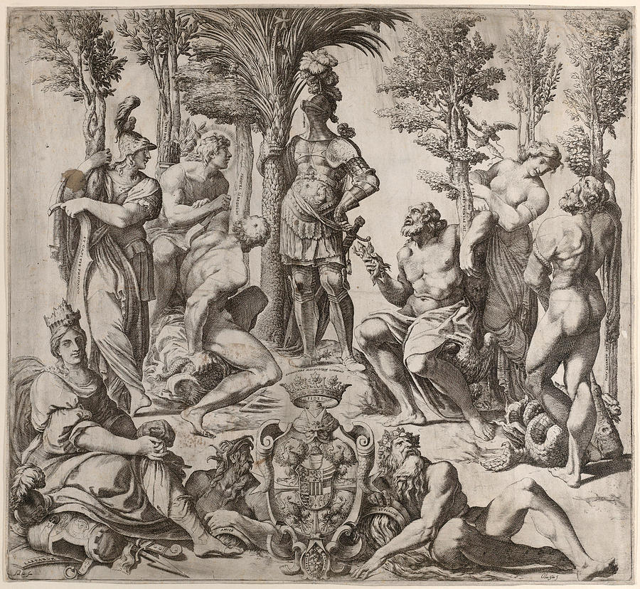 Allegorical composition with six Olympian gods gathered around a figure in armor Drawing by Oliviero Gatti