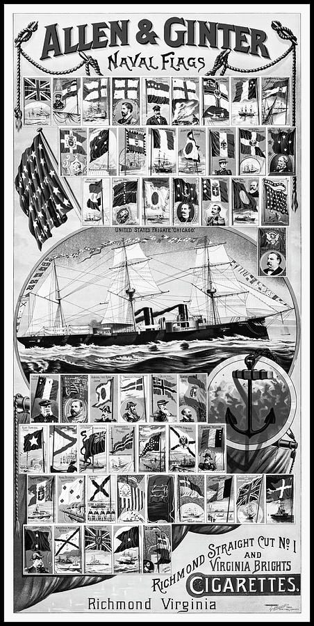 Allen and Ginter Naval Flags Vintage Advertisement 1885 Black and White Photograph by Carol Japp
