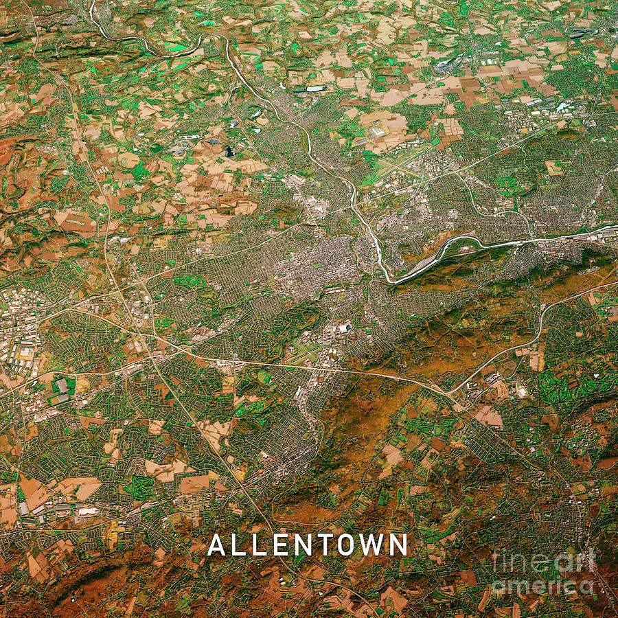 Allentown Pennsylvania 3D Render Map Color Top View Nov 2019 Digital ...