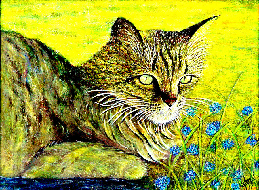 Alley Cat and Blue Flowers Painting by Jackie Nourigat
