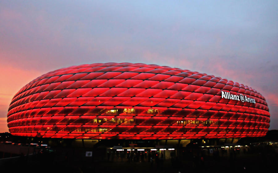 Allianz Arena, Munich, Germany, football stadium, evening, red lights ...