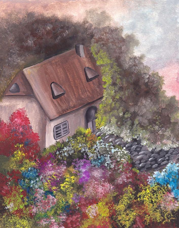 Alluring cottage in a flower garden Painting by Tara Krishna