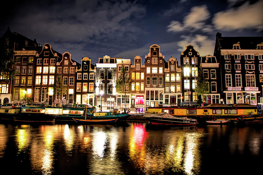 Along A Canal at Night in Amsterdam Photograph by Cheryl Strahl