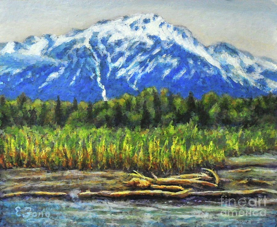 Along the Alaskan River by the Glacier Mountain Painting by Eileen  Fong