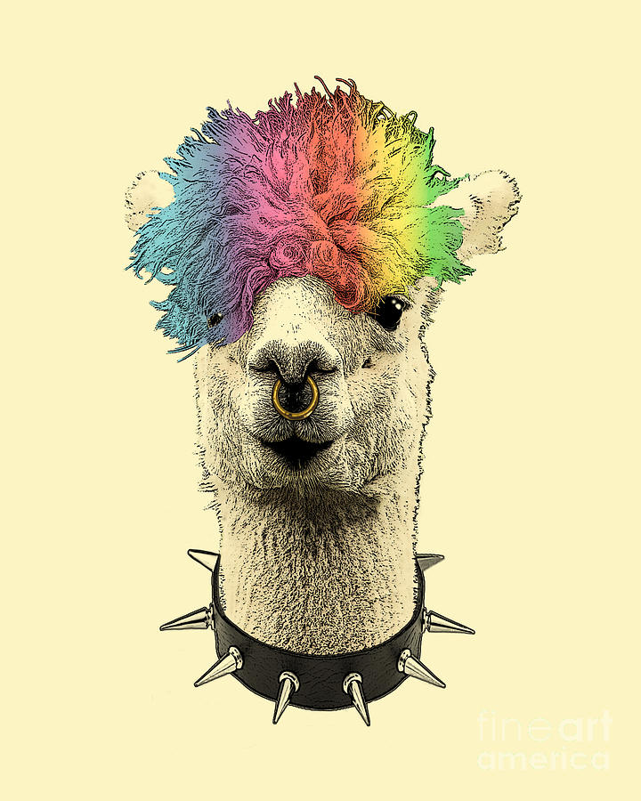 Cool Digital Art - Alpaca with rainbow wig portrait by Madame Memento