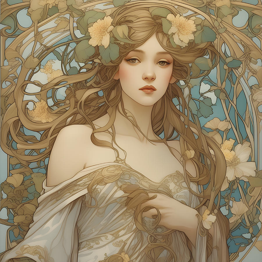 Alphonse Mucha Inspired Art - Nature's Embrace girl flower dress ...