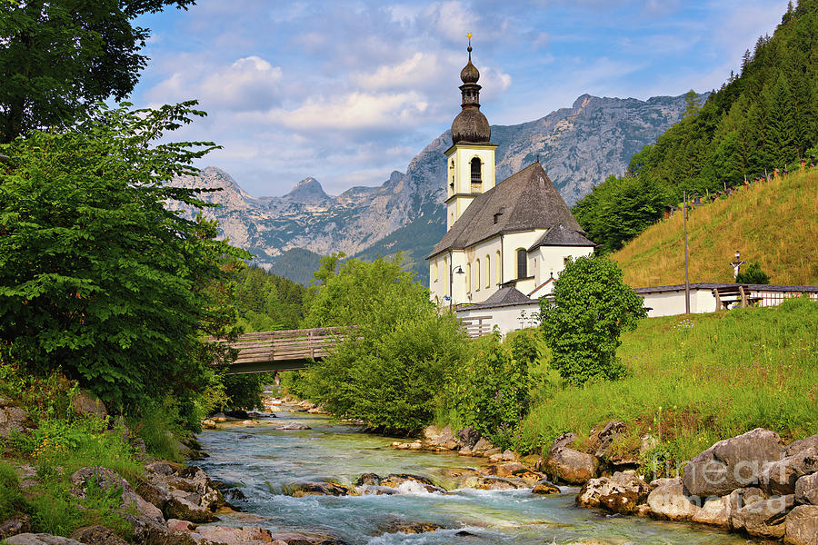 Mountain Photograph - Alpine church with mountain stream in Germany by IPics Photography