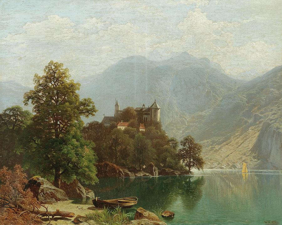 Alpine Lake Scene Painting By Wilhelm Theodor Nocken