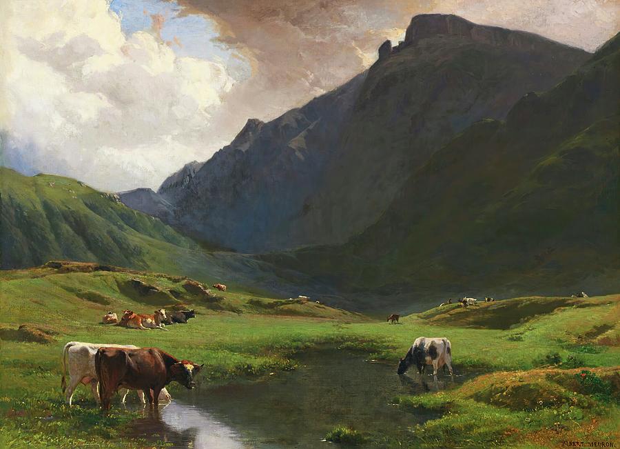 Cow Painting - Alpine Landscape with Cows and Goats by Albert de Meuron