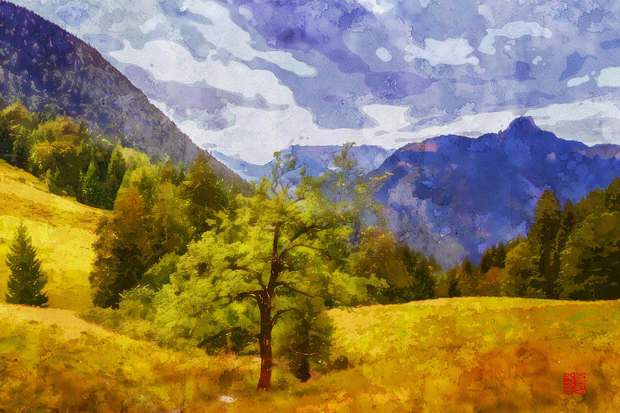 Alpine Meadow Nature Mountains watercolor  by Ahmet Asar Painting by Celestial Images
