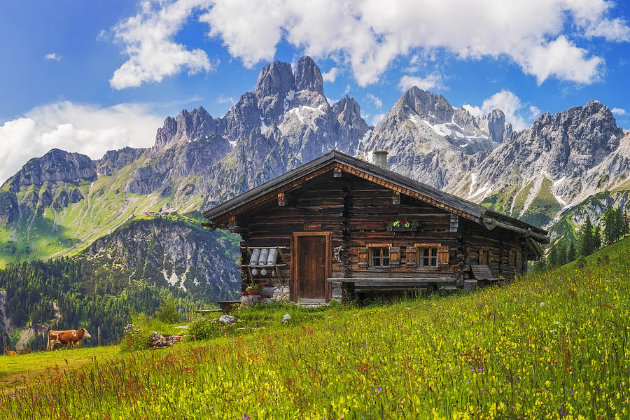 Alpine scenery with mountain chalet in summer Photograph by DieterMeyrl