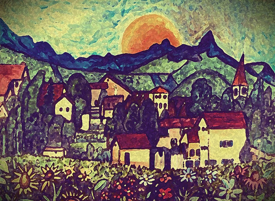 Alpine village Painting by Monica Engeler