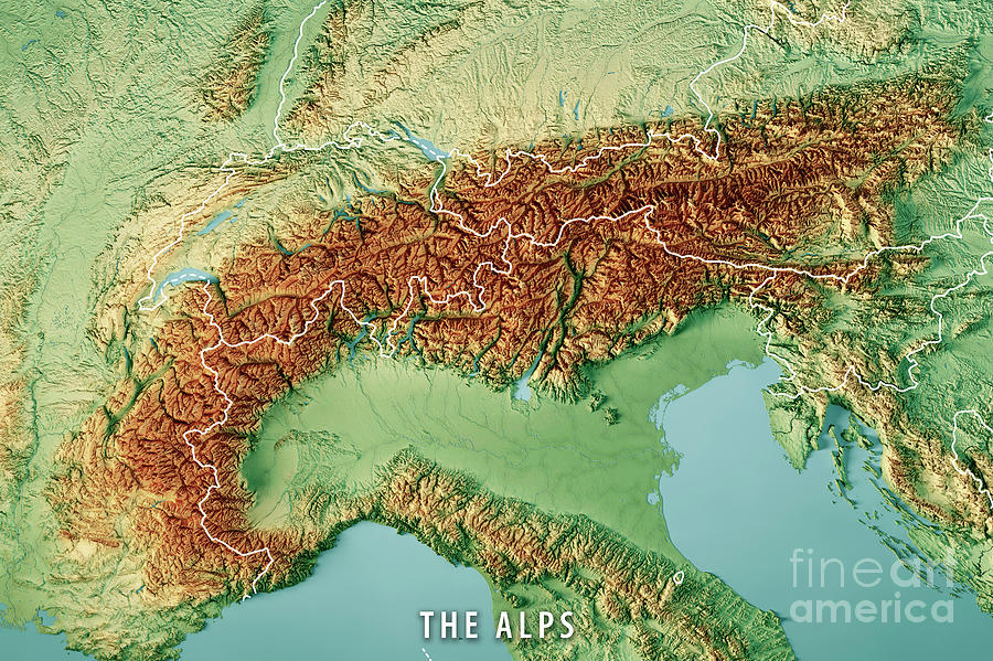 Alps Mountain Range 3D Render Topographic Map Color Border By Frank ...