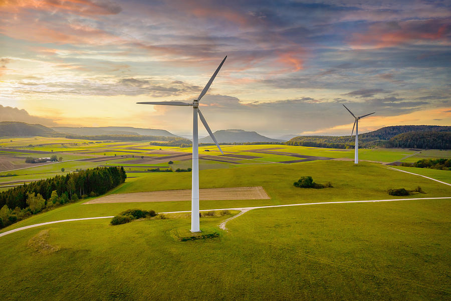 Alternative Energy Wind Turbine Green Landscape at Sunset Photograph by Mlenny