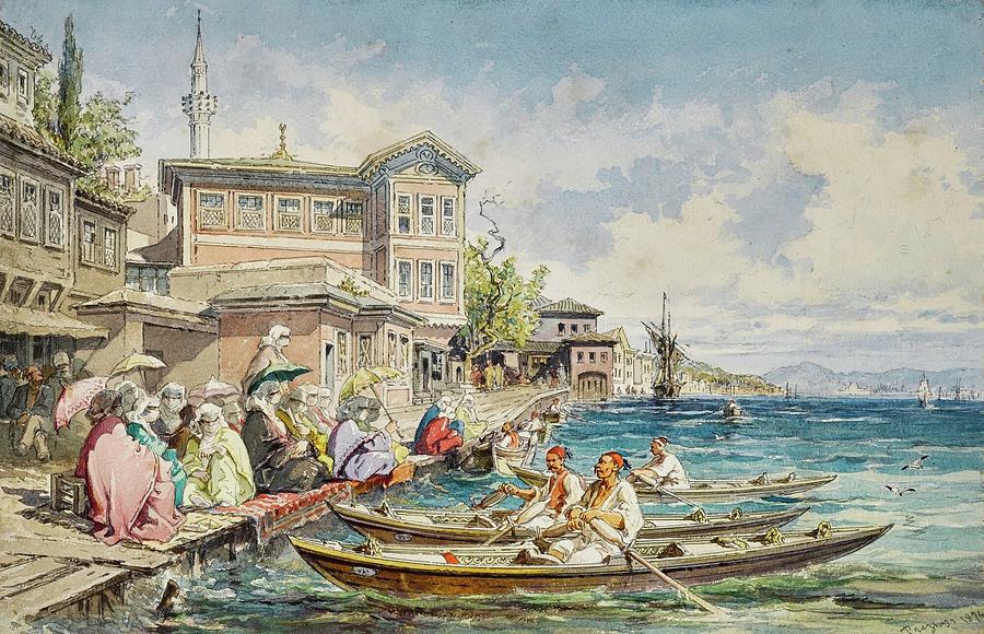 Amadeo Preziosi 1816 - 1882   Kabatas, Beyolu, The Molla Celebi Mosque Beyond Painting