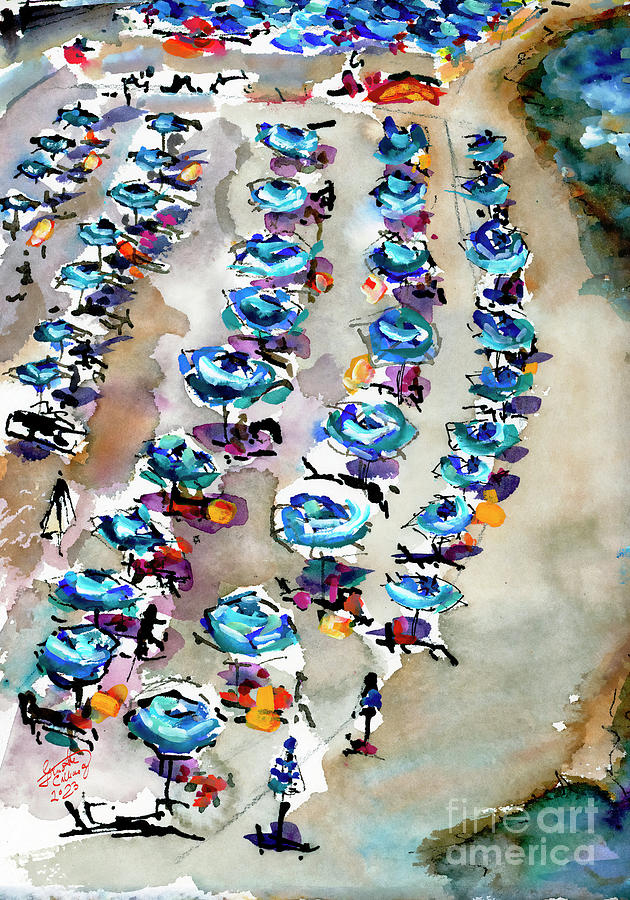 Amalfi Coast Beach Umbrellas Contemporary Watercolors Painting by Ginette Callaway