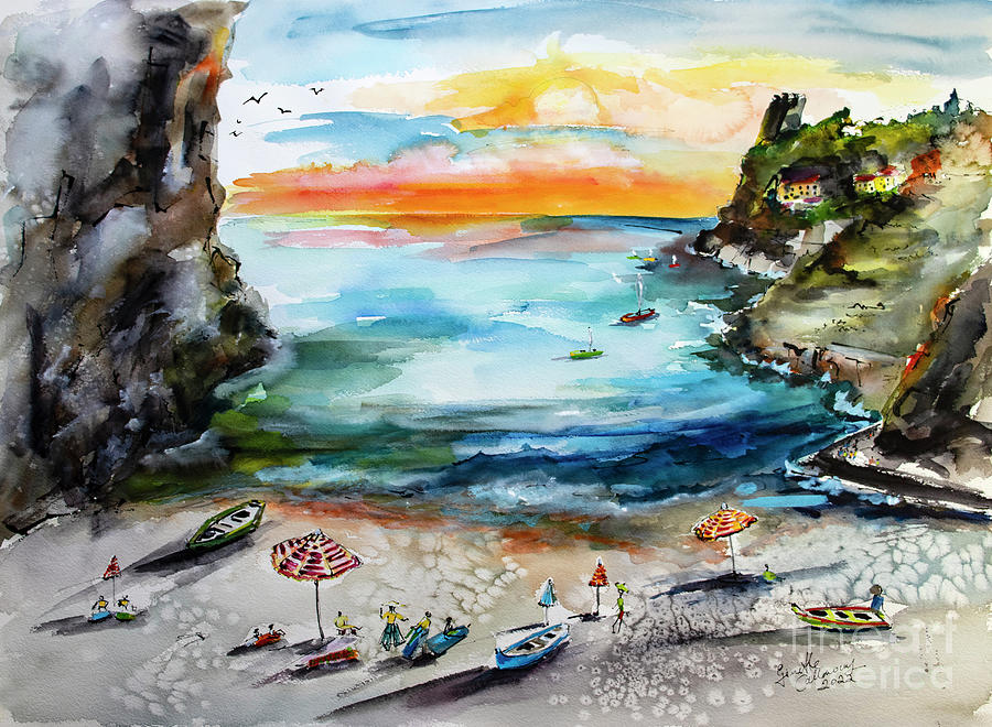 Amalfi Coast Italy The Cove 2 Watercolors and Ink Painting by Ginette Callaway