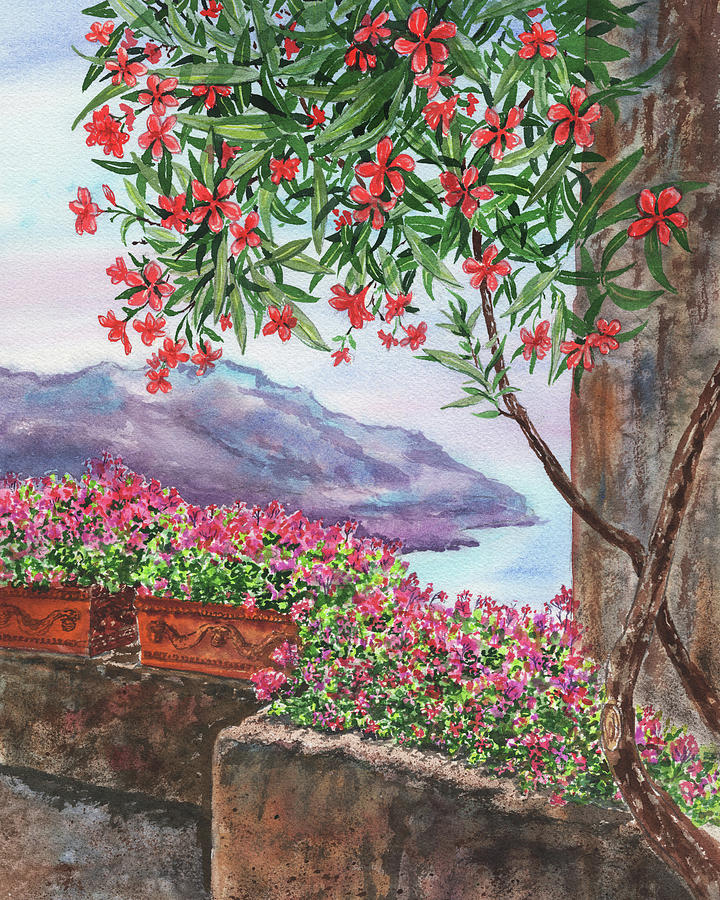 Amalfi Coast Ravello Mediterranean Sea Shore With Flowers Watercolor Painting