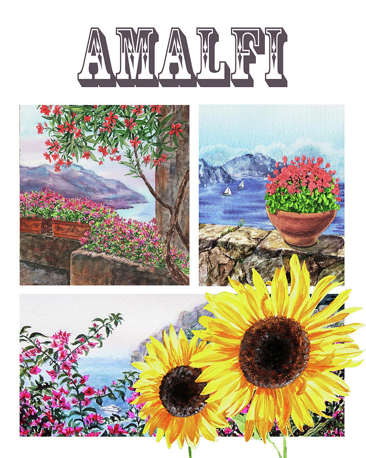 Amalfi Italy Collage Ravello Positano Sunflowers Watercolor Painting by Irina Sztukowski