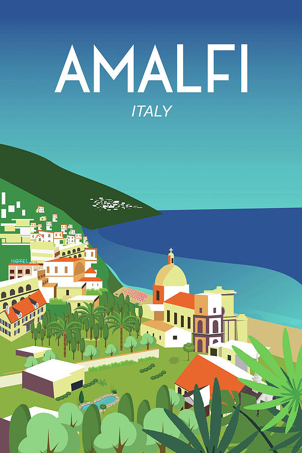 Cool Retro Travel Poster *FRAMED* CANVAS ART Amalfi Sea Coast Italy  24x16" 