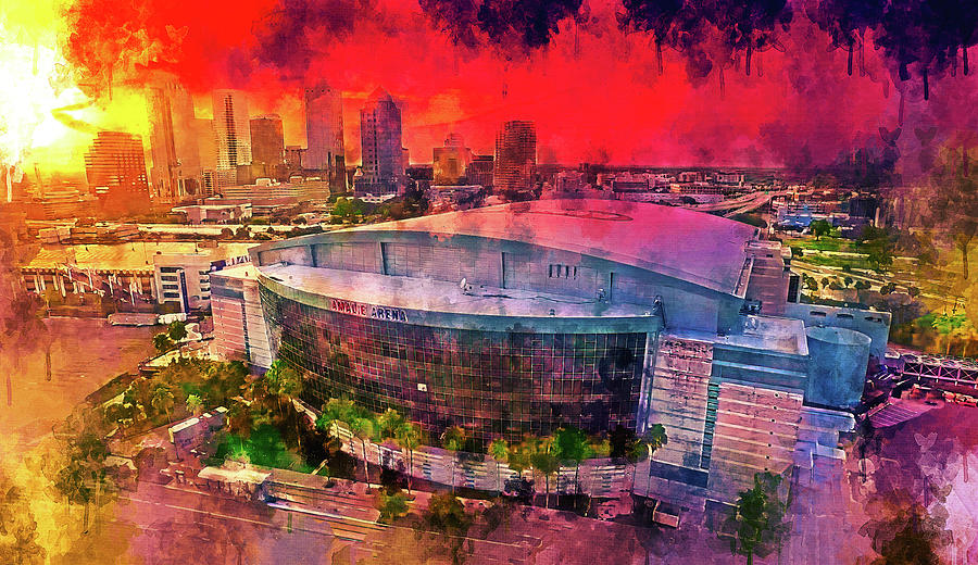 Amalie Arena and downtown Tampa skyscrapers seen in the distance at sunset - digital painting Digital Art by Nicko Prints