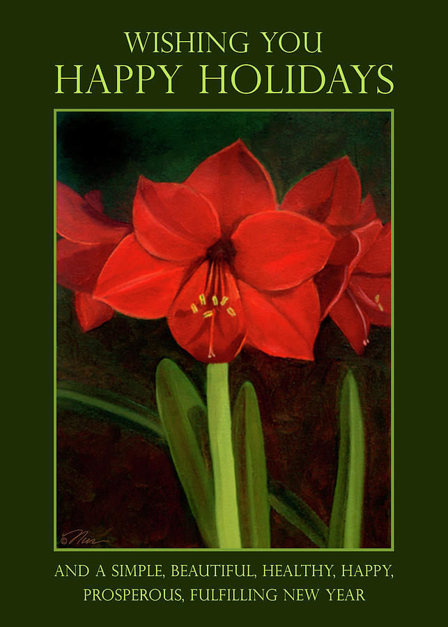 Amaryllis Flower Holiday Card Painting by Nancy Griswold