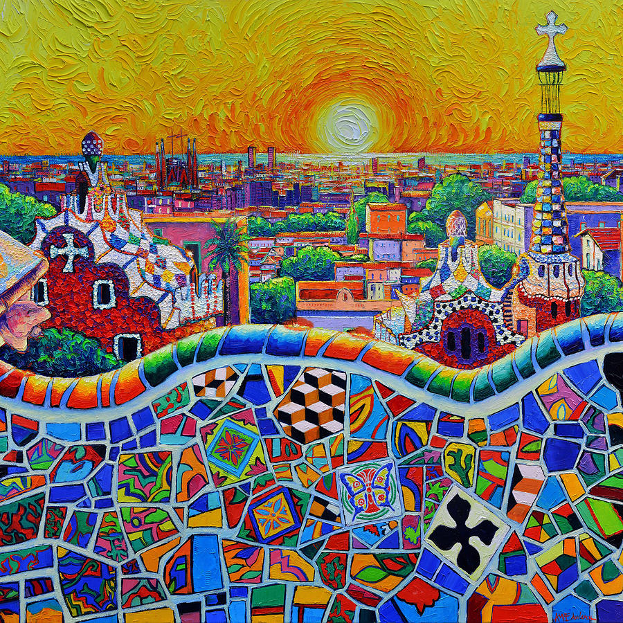 AMAZING BARCELONA PARK GUELL SUNRISE textural impasto palette knife oil painting Ana Maria Edulescu Painting by Ana Maria Edulescu