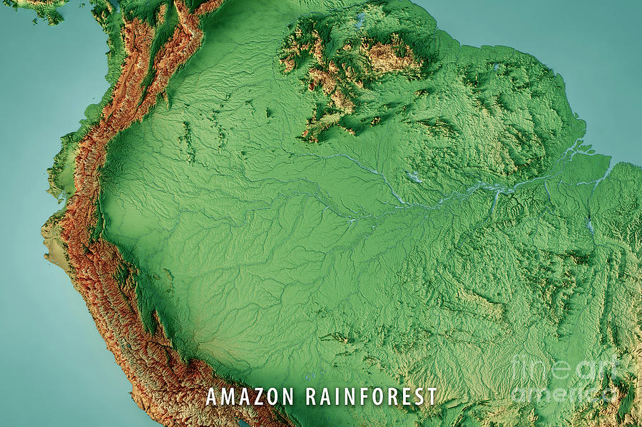 Map Digital Art - Amazon Rainforest 3D Render Topographic Map Color by Frank Ramspott