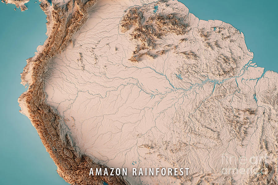 Map Digital Art - Amazon Rainforest 3D Render Topographic Map Neutral by Frank Ramspott