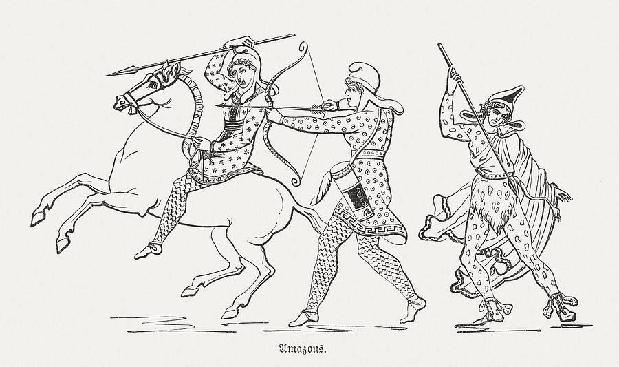 Amazons, Greek mythology, wood engraving, published in 1880 Drawing by Zu_09