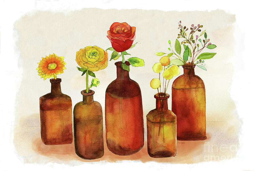 Amber Vintage Bottles with Flowers   Painting by Sue Zipkin