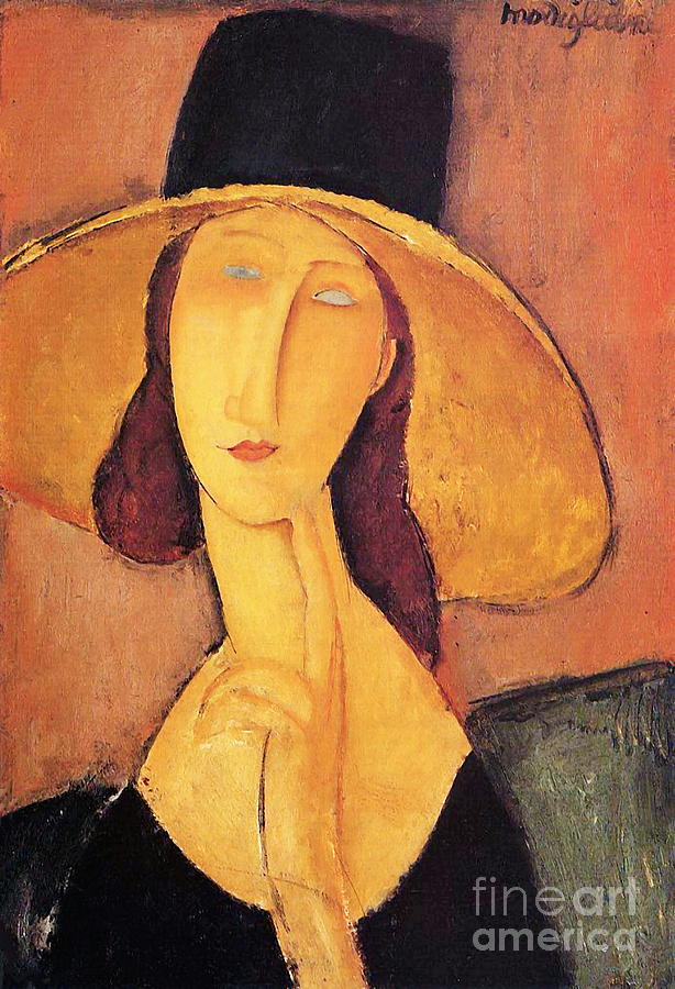 Amedeo Modigliani - Jeanne Hebuterne in a Large Hat or Portrait of Woman in Hat Painting by Alexandra Arts
