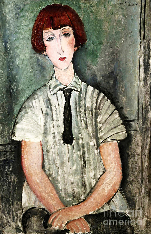 Amedeo Modigliani - Young girl with a striped blouse chemise Painting by Alexandra Arts