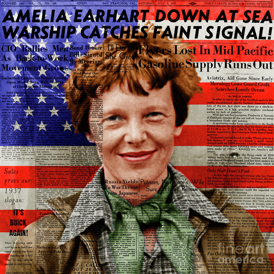 Amelia Earhart American Aviation Pioneer Colorized 20170525 Sq With Newspaper And American Flag-z Mixed Media by Wingsdomain Art and Photography