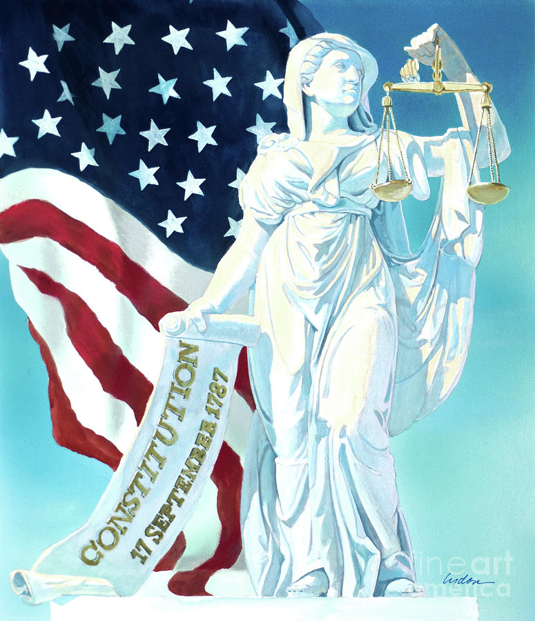 America - Genius of America - Justice Holding Scale And Scrolls Painting by Tom Lydon
