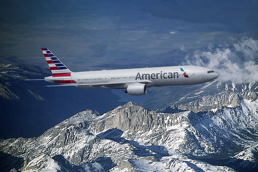 Transportation Mixed Media - American Airlines Boeing 777 Over Snowcapped Mountains by Erik Simonsen