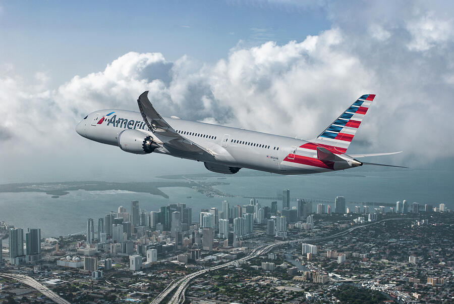 American Airlines Boeing 787-9 Dreamliner over Miami Mixed Media by Erik Simonsen