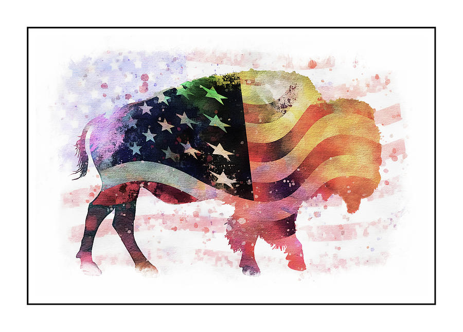 American Bison And United States Flag Collage Mixed Media by Ann Powell