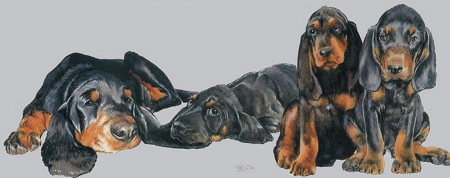 Black and Tan Coonhound Puppies Mixed Media by Barbara Keith
